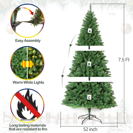 6.5'/7.5'/9' Prelit Artificial Christmas Tree with Warm White Lights, Metal Stand and Hinged Branches