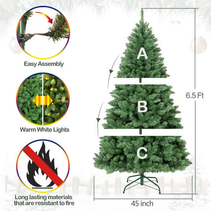 6.5'/7.5'/9' Prelit Artificial Christmas Tree with Warm White Lights, Metal Stand and Hinged Branches