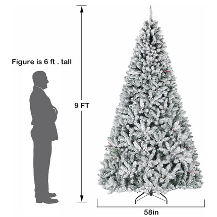 6.5'/7.5'/9' Prelit Snow Flocked Christmas Tree with Pine Cones and Berries, Color Changing LED Lights, Branch Tips, Metal Stand and Hinged Branches, 10 Color Modes