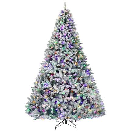 6.5'/7.5'/9' Prelit Snow Flocked Christmas Tree with Pine Cones and Berries, Color Changing LED Lights, Branch Tips, Metal Stand and Hinged Branches, 10 Color Modes
