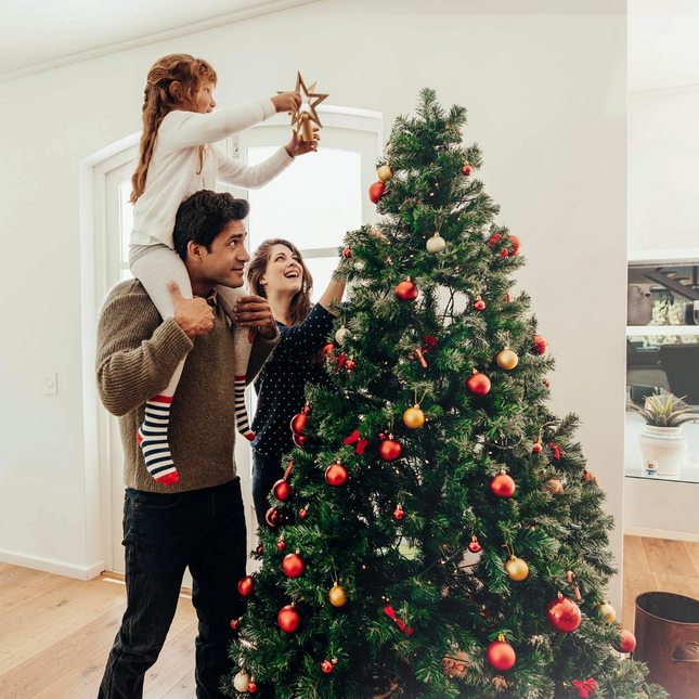 6.5'/7.5'/9' Prelit Artificial Christmas Tree with Warm White Lights, Metal Stand and Hinged Branches