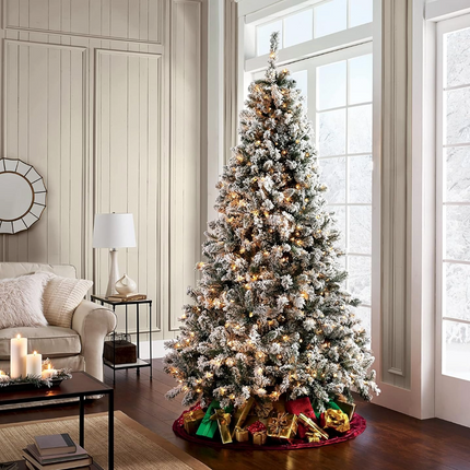 6.5'/7.5'/9' Prelit Snow Flocked Christmas Tree with Pine Cones and Berries, Color Changing LED Lights, Branch Tips, Metal Stand and Hinged Branches, 10 Color Modes