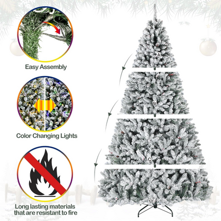 6.5'/7.5'/9' Prelit Snow Flocked Christmas Tree with Pine Cones and Berries, Color Changing LED Lights, Branch Tips, Metal Stand and Hinged Branches, 10 Color Modes