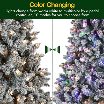6.5'/7.5'/9' Prelit Snow Flocked Christmas Tree with Pine Cones and Berries, Color Changing LED Lights, Branch Tips, Metal Stand and Hinged Branches, 10 Color Modes