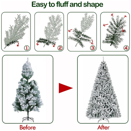 6.5'/7.5'/9' Prelit Snow Flocked Christmas Tree with Pine Cones and Berries, Color Changing LED Lights, Branch Tips, Metal Stand and Hinged Branches, 10 Color Modes