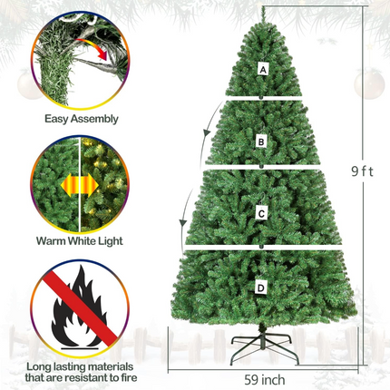 6.5'/7.5'/9' Prelit Artificial Christmas Tree with Warm White Lights, Metal Stand and Hinged Branches