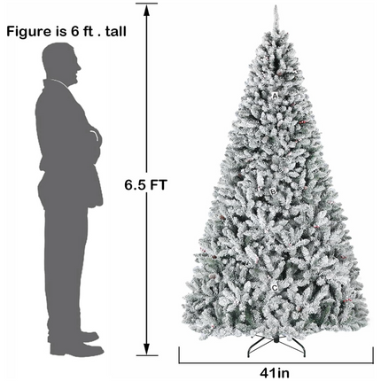 6.5'/7.5'/9' Prelit Snow Flocked Christmas Tree with Pine Cones and Berries, Color Changing LED Lights, Branch Tips, Metal Stand and Hinged Branches, 10 Color Modes