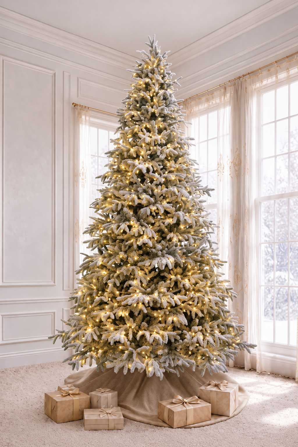 9' Frostwood Pre-Lit Wide Flocked Fraser Fir Artificial Christmas Tree with 1,050 Warm White & Color LED Lights