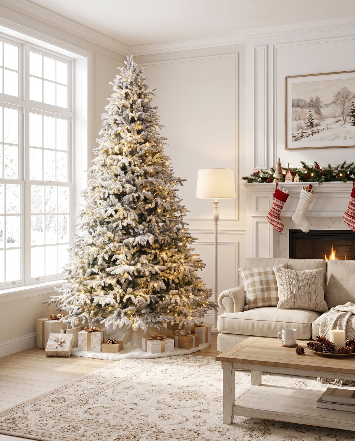 7.5' Frostwood Pre-Lit Wide Flocked Fraser Fir Artificial Christmas Tree with 650 Warm White & Color LED Lights