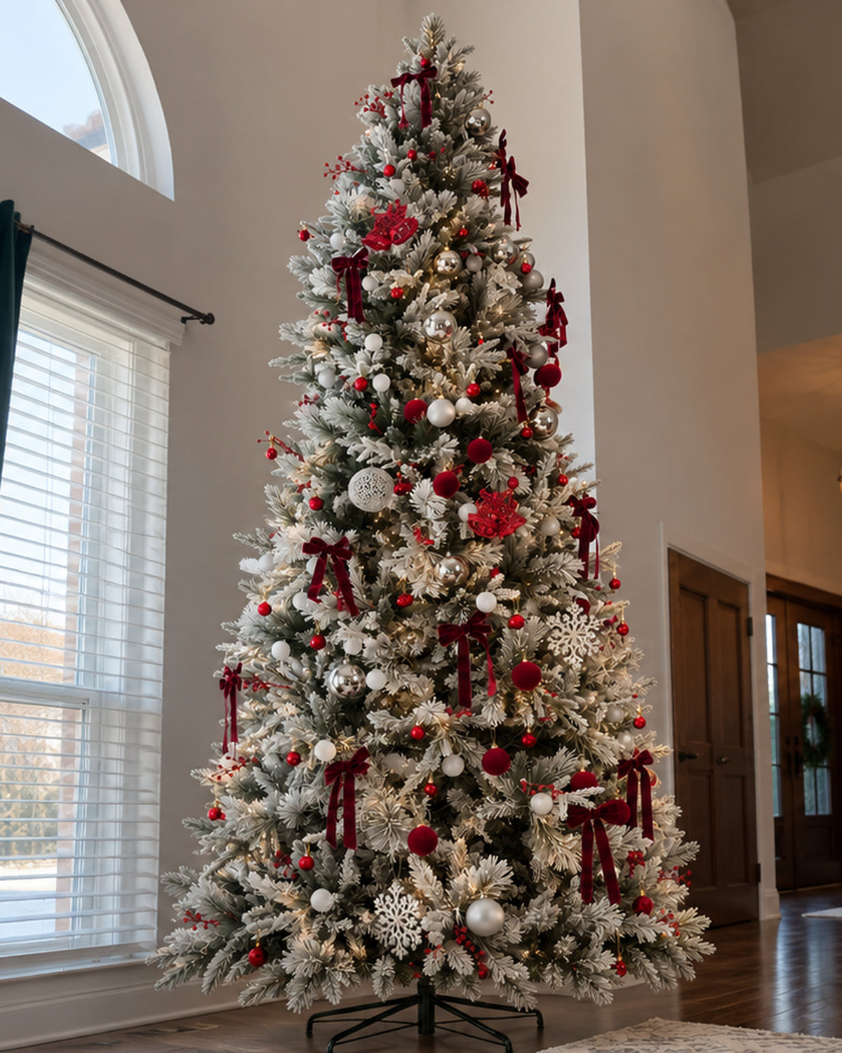 7.5' Woodland Flocked Pine Artificial Christmas Tree with 450 Warm White & Color LED Lights
