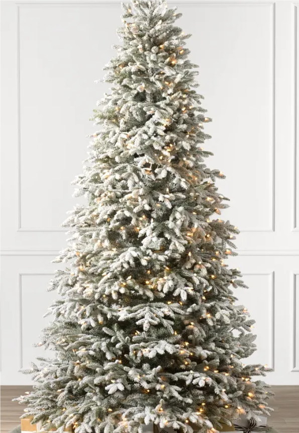 Vivatrees 9FT Prelit Flocked Fraser Fir Christmas Tree with 650 LED Lights(Warm White & Multi-color), 7052 PE&PVC Tips, 10 Modes, Easy Assembly, Metal Base, Pedal & Remote Control