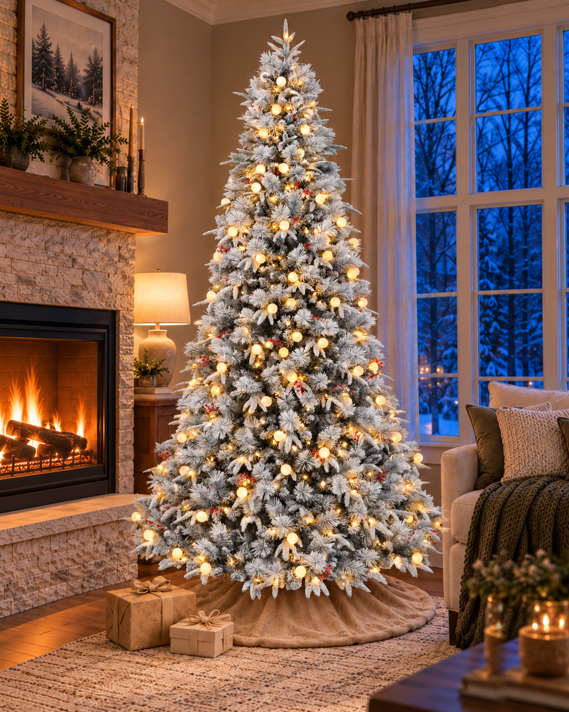 7.5' Woodland Flocked Pine Artificial Christmas Tree with 450 Warm White & Color LED Lights