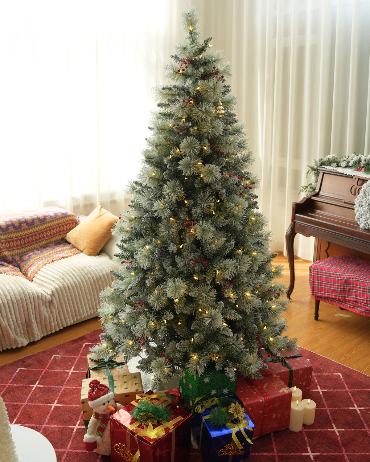 7.5 ft Silverplume Pre-Lit Lightly Flocked Pine Christmas Tree with 450 Warm White Led