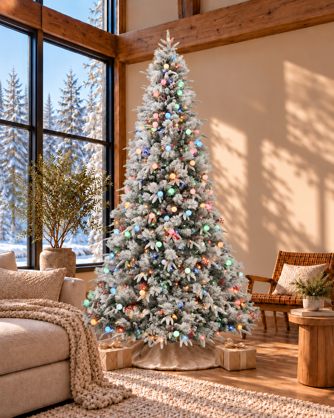12' Woodland Flocked Pine Artificial Christmas Tree with 850 Warm White & Color LED Lights