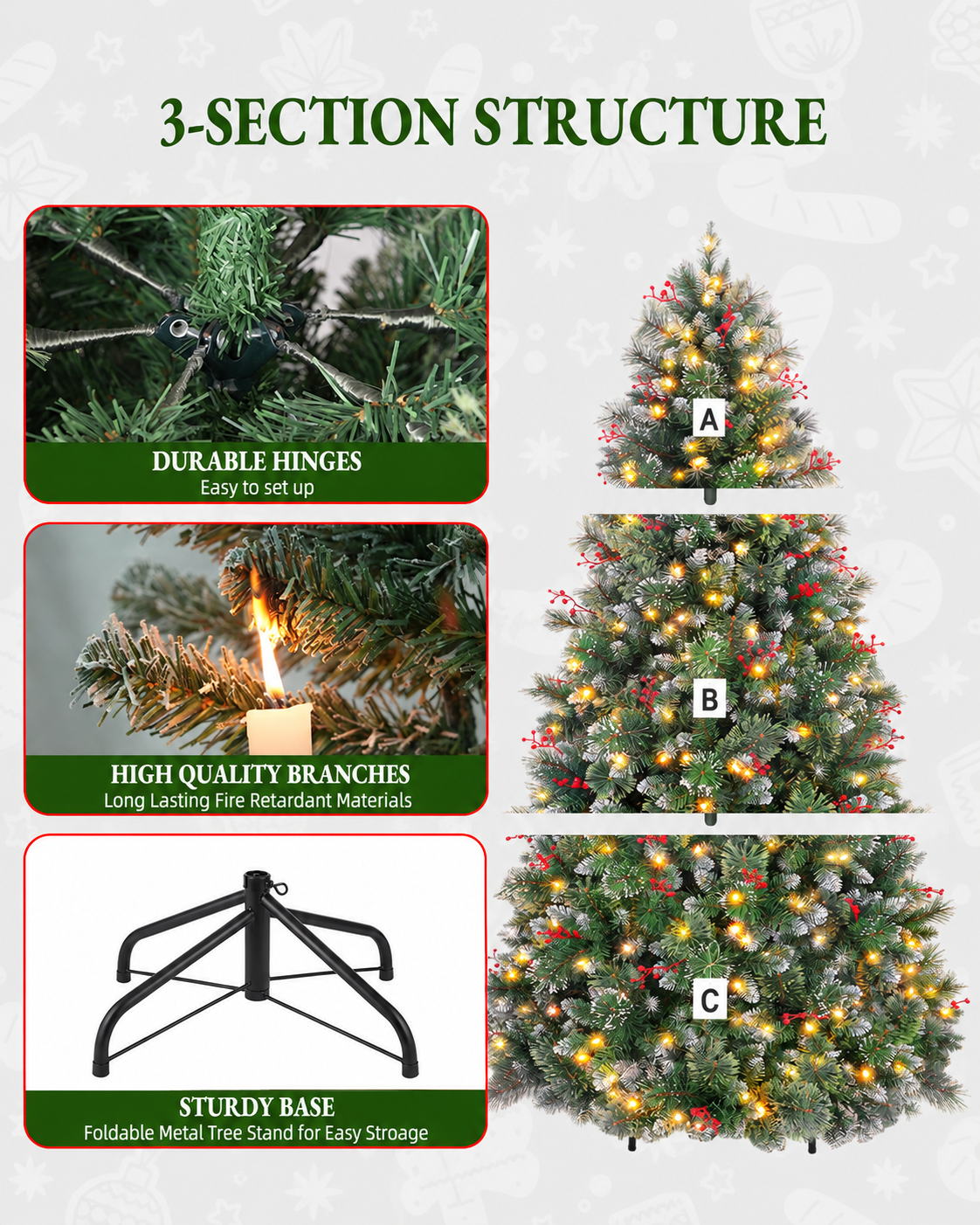 7.5' Frostberry Pine Pre-Lit Frosted Christmas Tree with Red Berries with 350 Warm White LED Lights