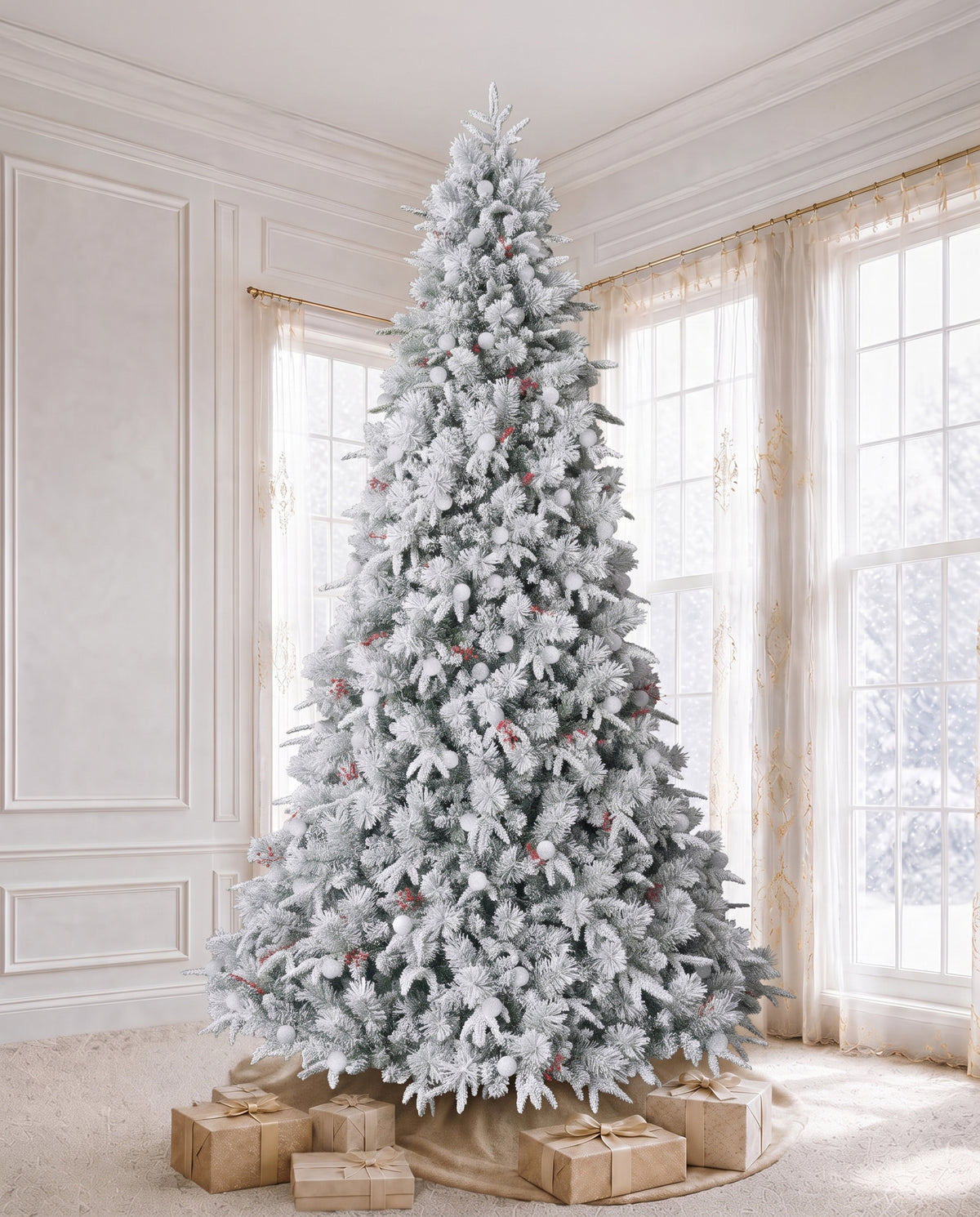 9' Woodland Flocked Pine Artificial Christmas Tree with 600 Warm White & Color LED Lights