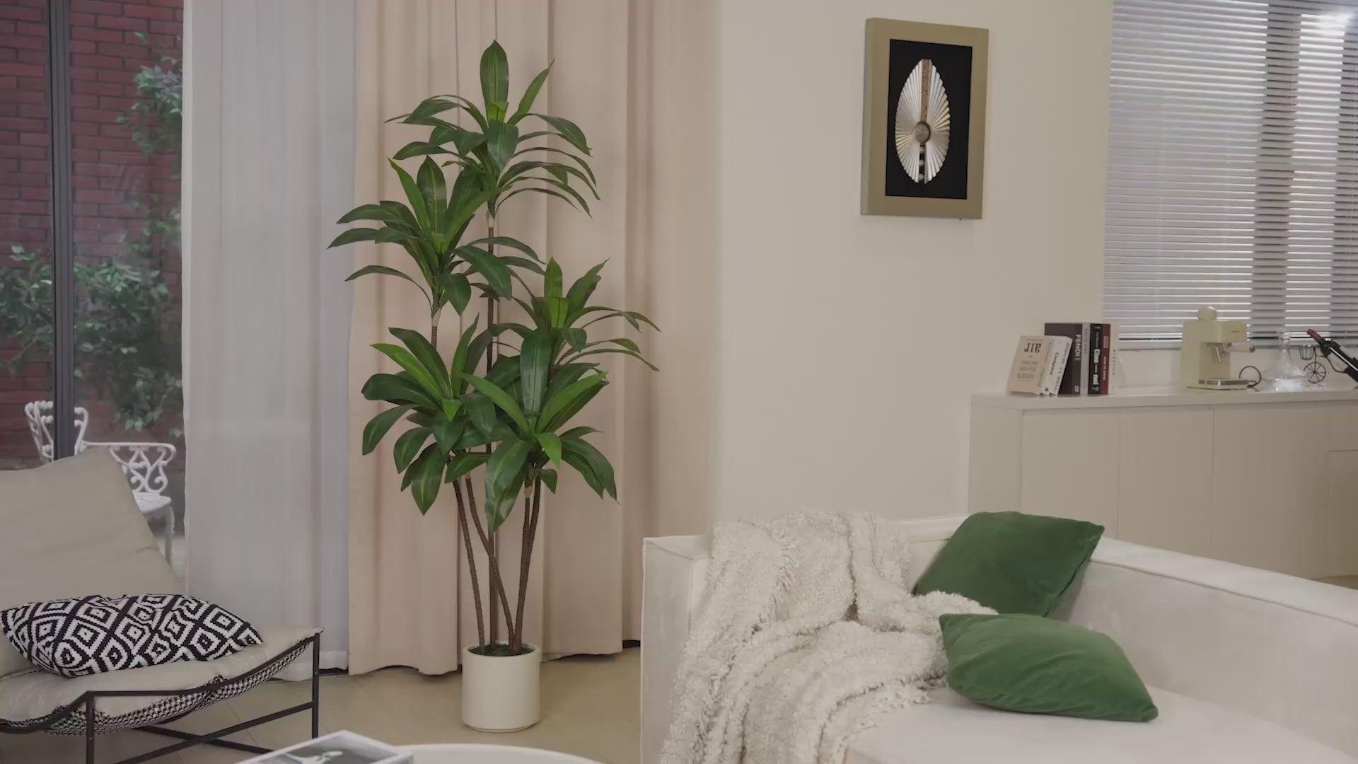 5FT/6FT Artificial Dracaena Tree in White Planter Faux Plant with Realistic Wood Trunk & Lifelike Leaves for Home & Office Decor, Green